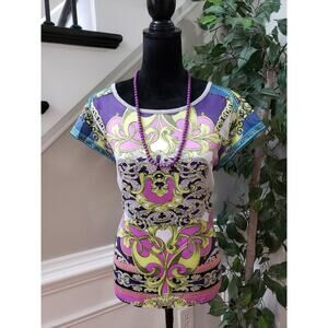 A.n.a Top Blouse Women's Size Large Multicolor Casual Short Sleeve Round Neck